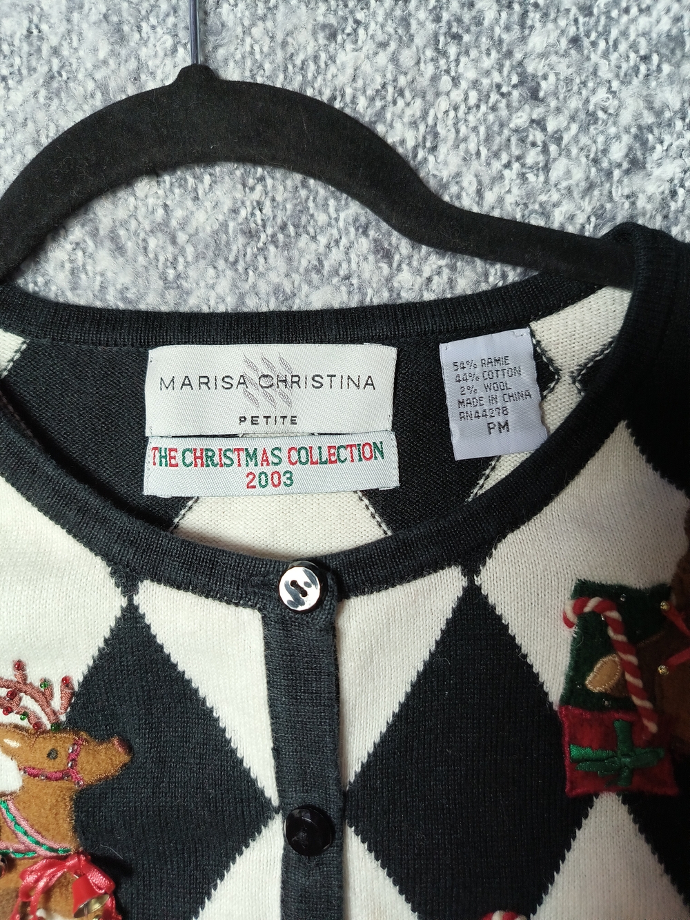 Marisa Christina Black & White Argyle Holiday Cardigan with Festive Appliques PM - Picture 5 of 7